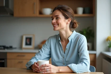 Femme souriante dans la cuisine moderne en blouse bleue