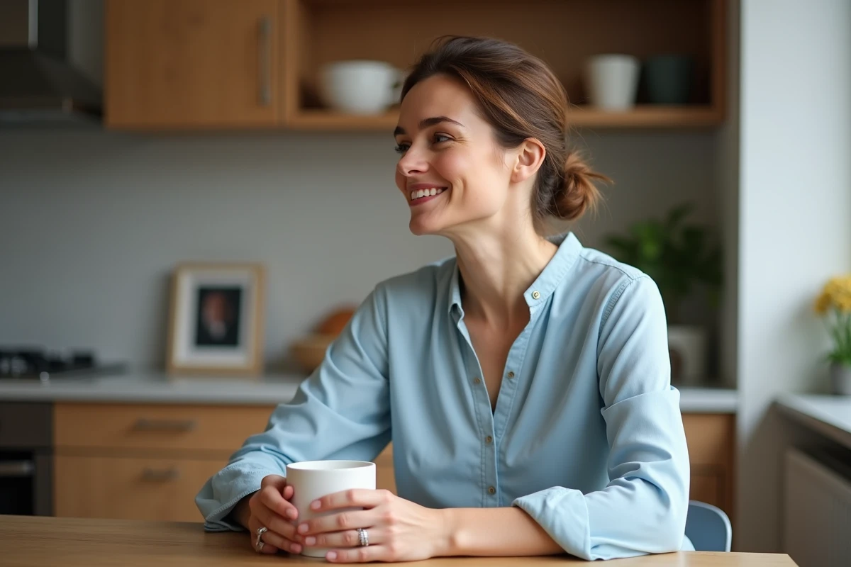 Femme souriante dans la cuisine moderne en blouse bleue