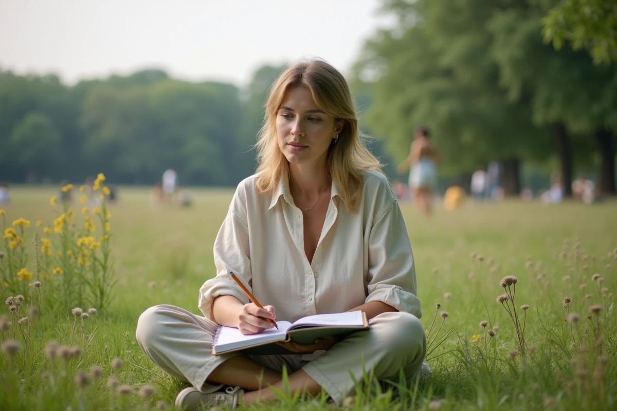 Femme dessinant dans un parc en pleine nature
