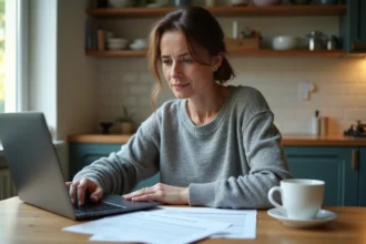Femme consultant des documents CAF et son espace personnel en ligne dans une cuisine d'appartement