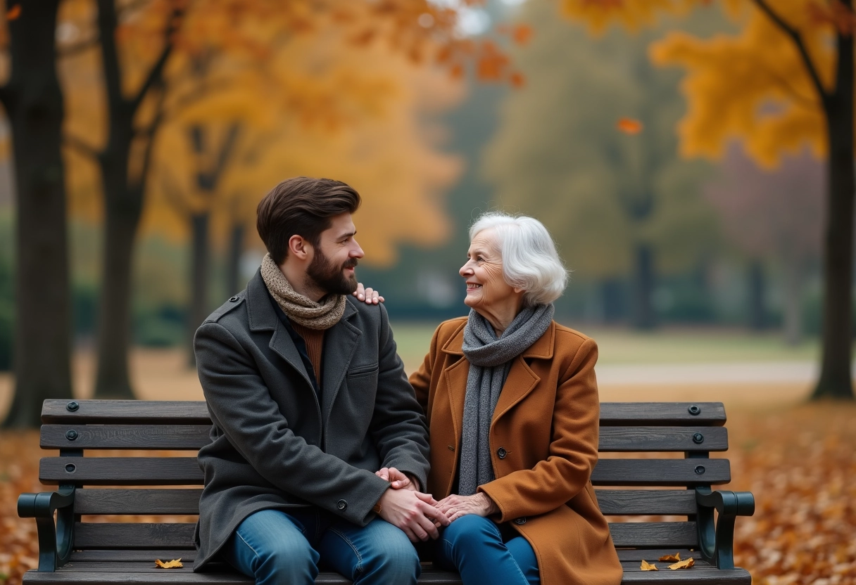 Femme âgée et son fils discutant sur un banc en automne