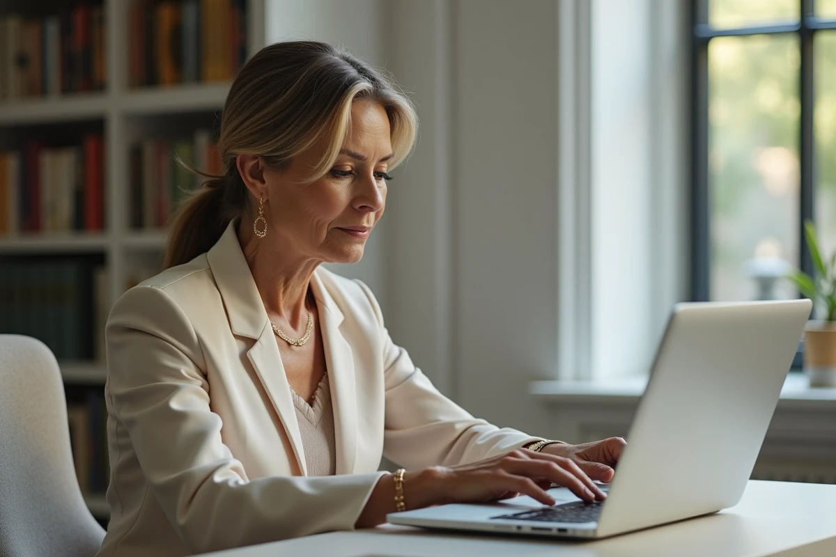 Femme élégante consultant des résultats de recherche sur Diane Wildenstein dans un bureau moderne à Paris
