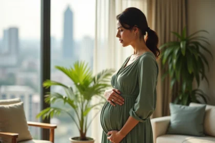 Femme enceinte élégante en robe verte dans un appartement moderne avec vue sur la ville