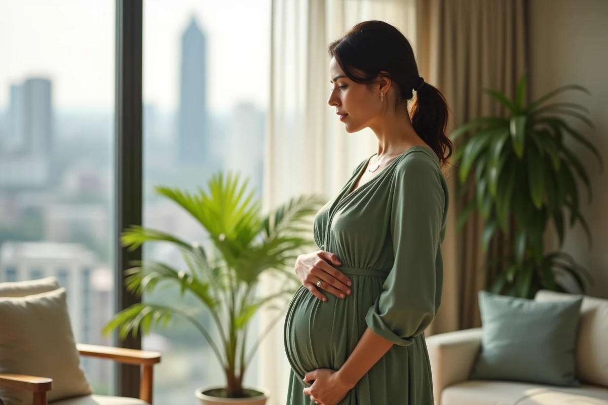 Femme enceinte élégante en robe verte dans un appartement moderne avec vue sur la ville