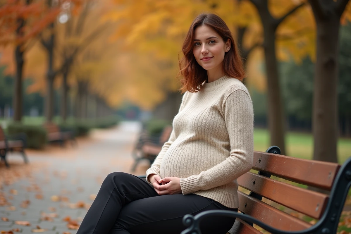 Femme enceinte sereine assise dans un parc en automne avec feuillage coloré