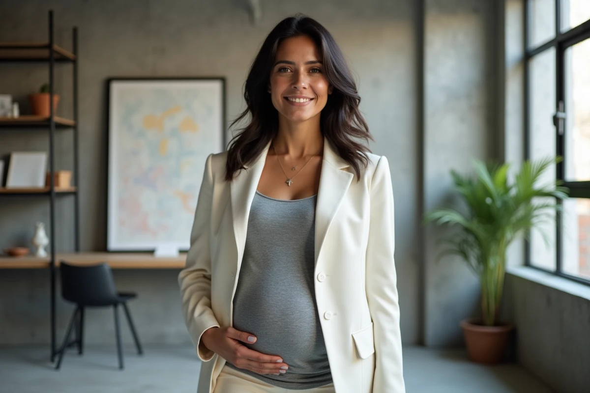 Femme enceinte professionnelle et confiante dans un studio contemporain minimaliste