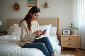 Jeune femme avec test de grossesse dans une chambre chaleureuse
