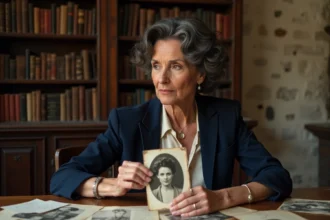 Femme française aux traits méditerranéens feuilletant d'anciennes photos de famille dans un appartement parisien, évoquant la recherche de ses origines familiales