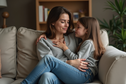 Femme réconfortant un enfant triste dans un salon chaleureux