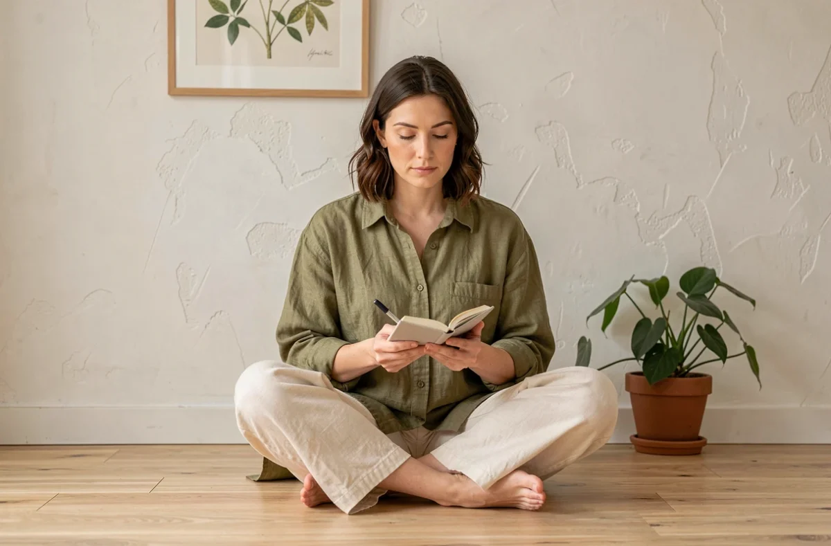 Femme adulte assise sur le sol avec un journal intime, illustrant le processus d'écriture thérapeutique pour transformer la colère en protection de soi après un rejet parental