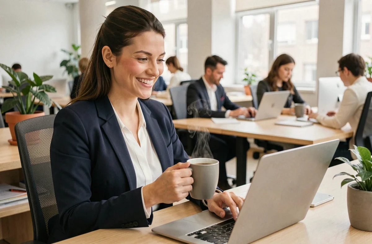 Femme souriante en blazer marine devant son ordinateur portable lors de sa première journée dans un nouveau poste en septembre