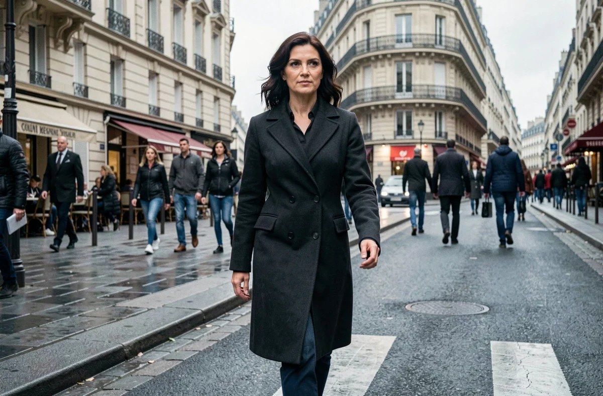 Femme élégante et discrète marchant dans Paris symbolisant la protection de la vie privée d'une personnalité publique