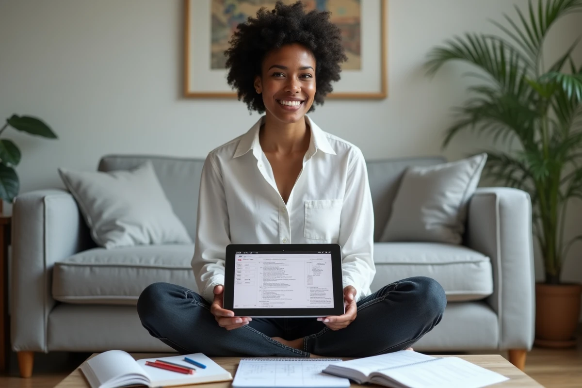 Jeune femme effectuant des recherches généalogiques sur une tablette entourée de notes et de documents imprimés dans un salon