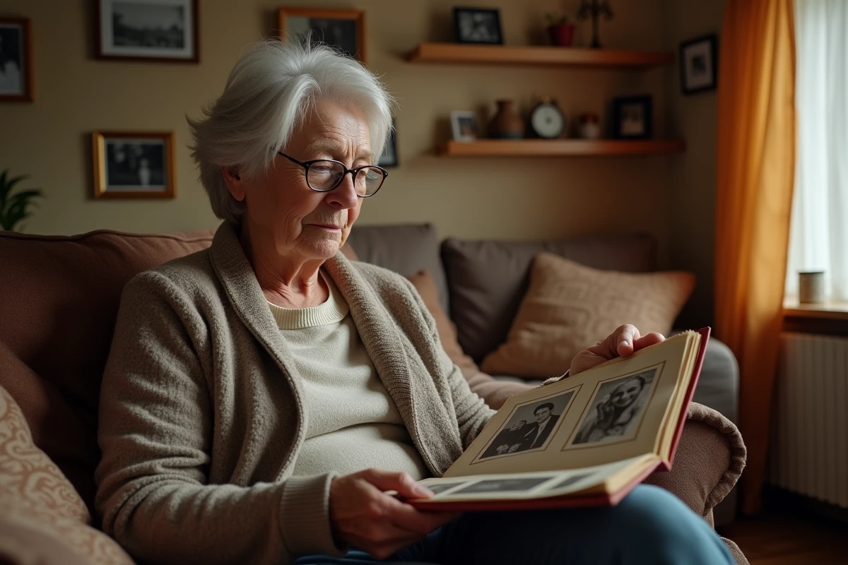 Femme âgée regarde un album photo nostalgique
