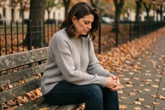 Femme adulte assise seule sur un banc en bois en automne, exprimant une réflexion intérieure liée au rejet parental et à la reconstruction de soi