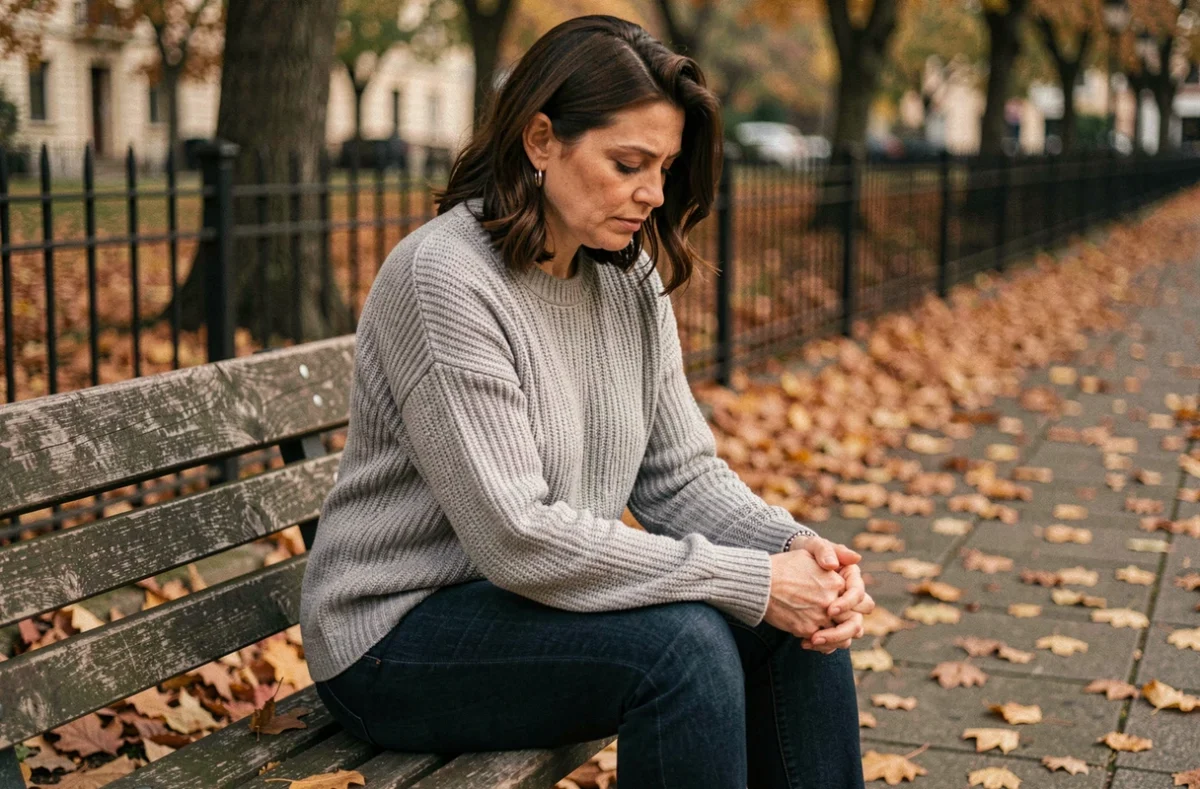 Femme adulte assise seule sur un banc en bois en automne, exprimant une réflexion intérieure liée au rejet parental et à la reconstruction de soi