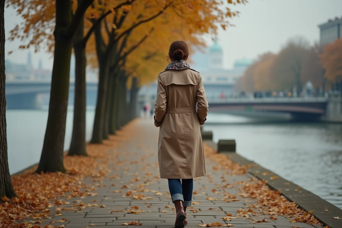 Femme en trench marche le long de la promenade fluviale