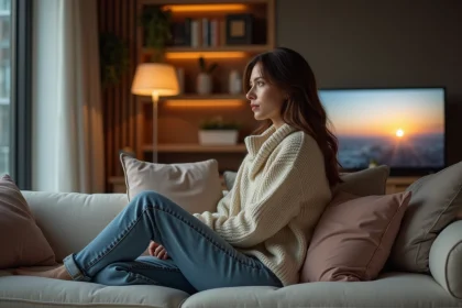 Femme assise sur un canapé dans un appartement moderne