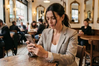 Femme parcourant son smartphone dans un café parisien, illustrant la curiosité des internautes pour la vie privée des célébrités