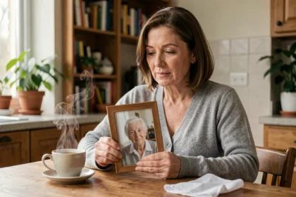 Femme tenant une photo encadrée d'une tante décédée, expression émue et recueillie à table