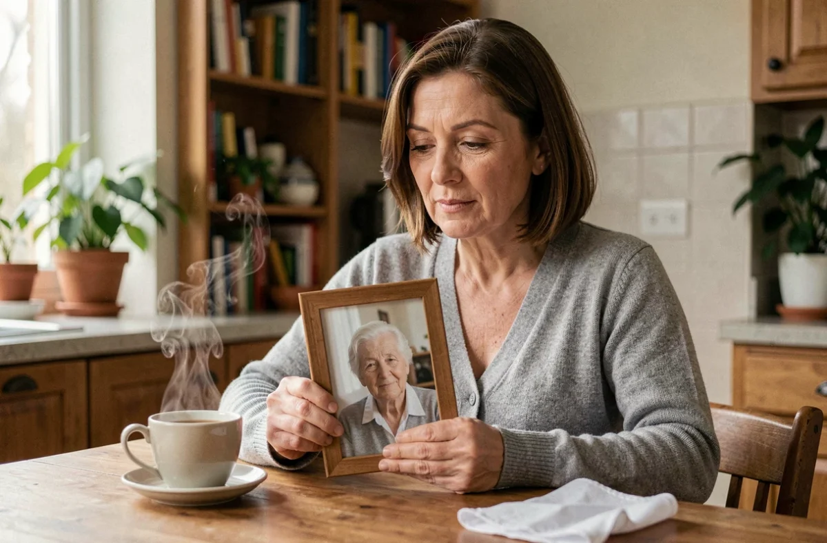 Femme tenant une photo encadrée d'une tante décédée, expression émue et recueillie à table