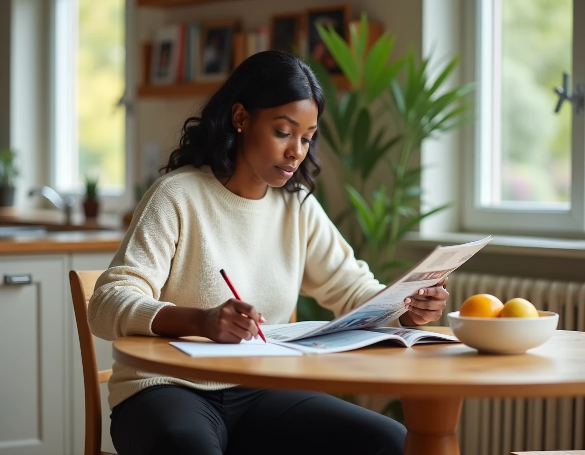 Femme sportive accomplie lisant un magazine de sport chez elle, illustrant l'équilibre entre vie familiale et passion pour l'athlétisme