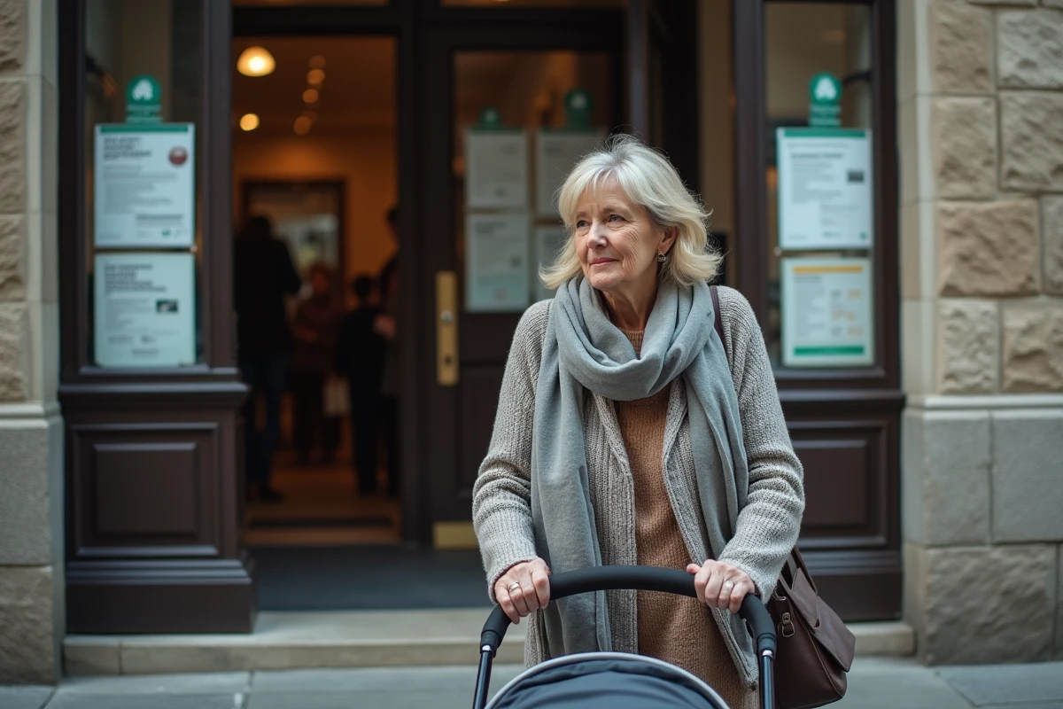 Femme poussant une poussette devant un bureau social en ville