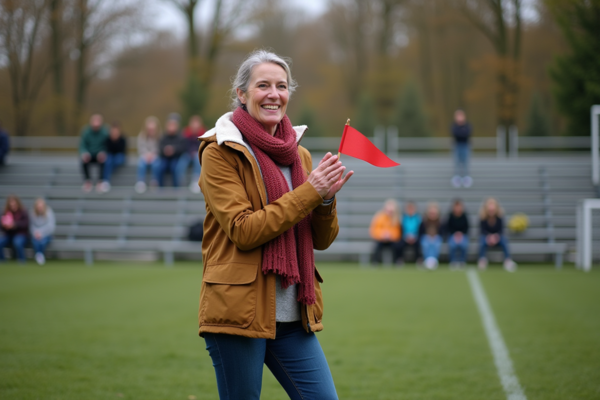 Femme souriante en extérieur lors d’un match de football