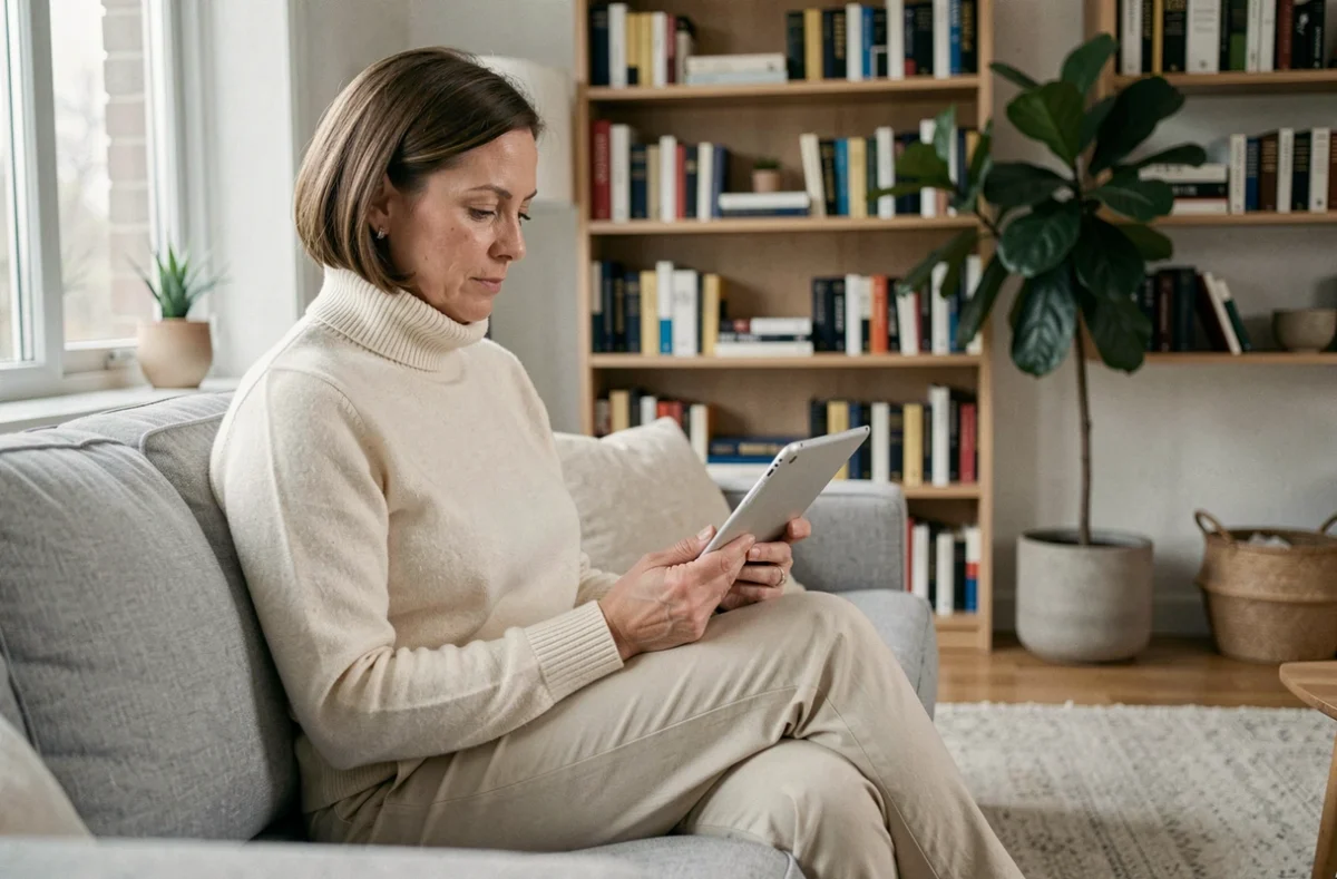 Femme lisant sur une tablette dans un salon contemporain, symbolisant l'intérêt du public pour les informations personnelles des célébrités en ligne
