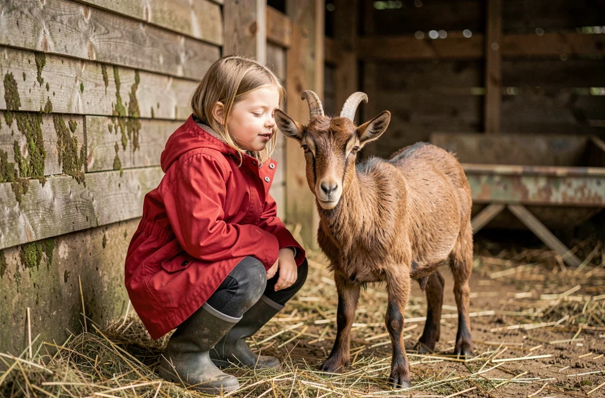 Petite fille en ciré rouge caressant une chèvre dans l'enclos de la Ferme pédagogique Marcel Dhénin à Lille