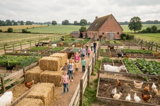 Vue d'ensemble d'une ferme pédagogique dans le Nord avec familles et enfants découvrant les animaux et les espaces agricoles