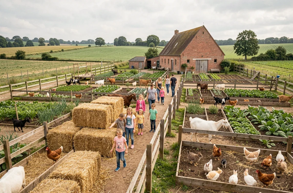 Vue d'ensemble d'une ferme pédagogique dans le Nord avec familles et enfants découvrant les animaux et les espaces agricoles
