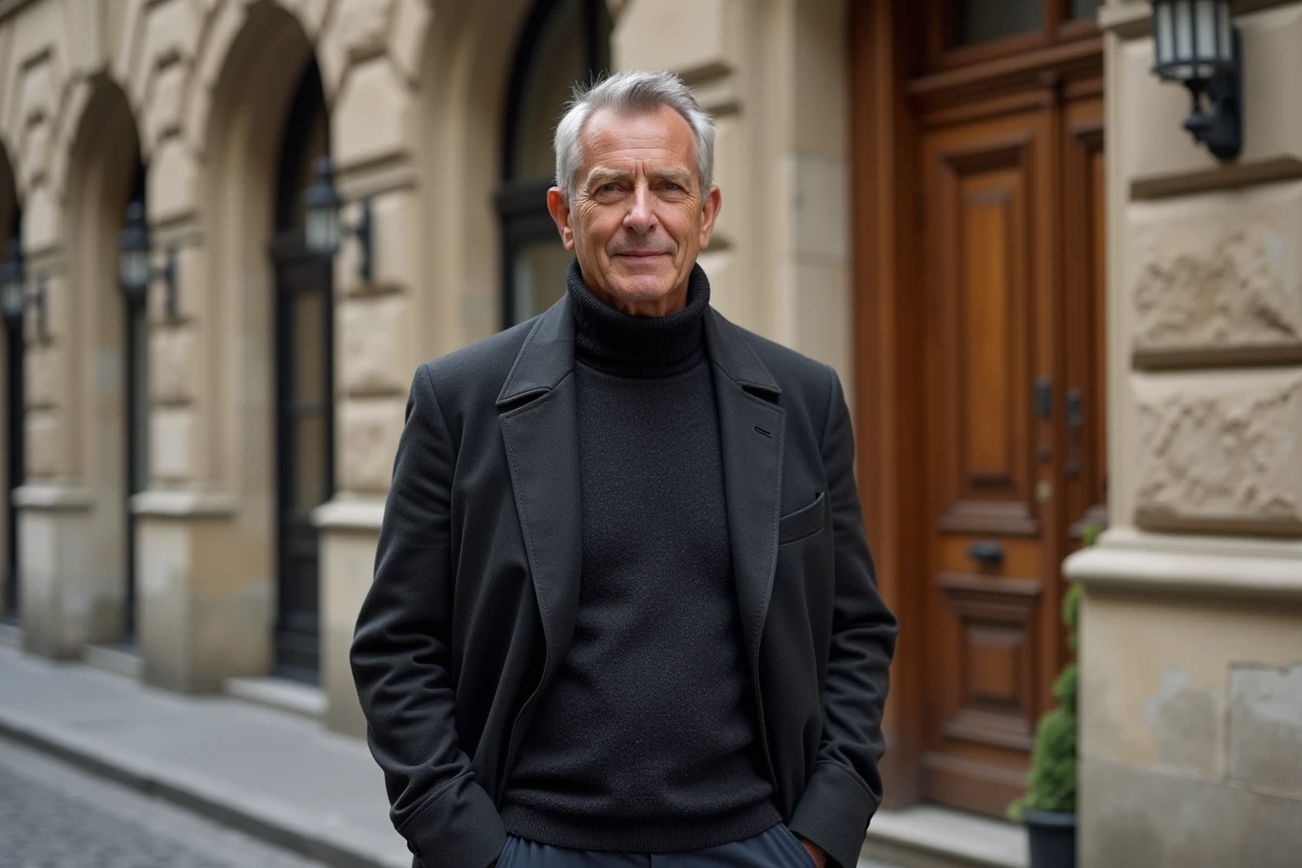 Figure publique masculine en manteau charcoal debout dans une rue parisienne devant une façade haussmannienne