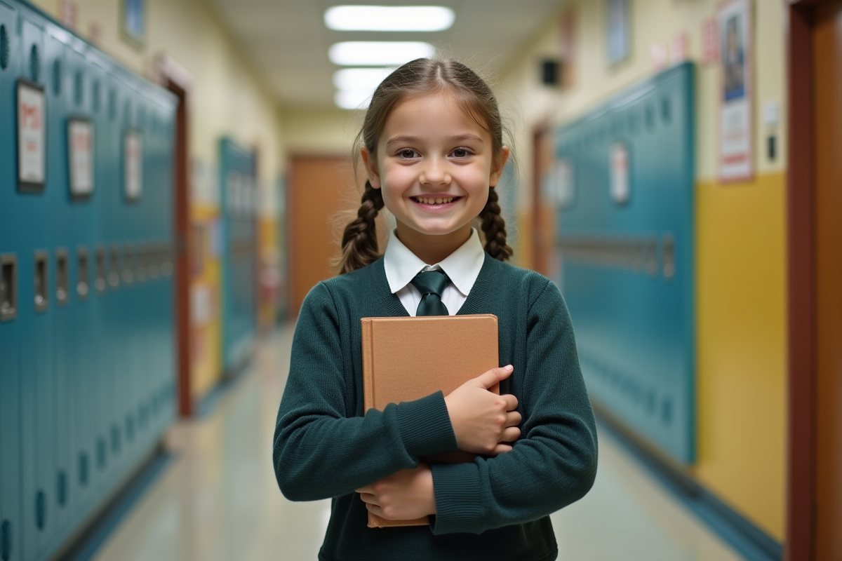 Fille de 8 ans souriante dans le hall scolaire