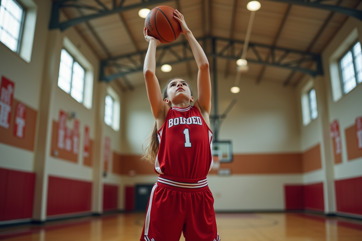 Jeune fille athlétique de 15 ans en maillot de basketball en train de faire un layup dans le gymnase