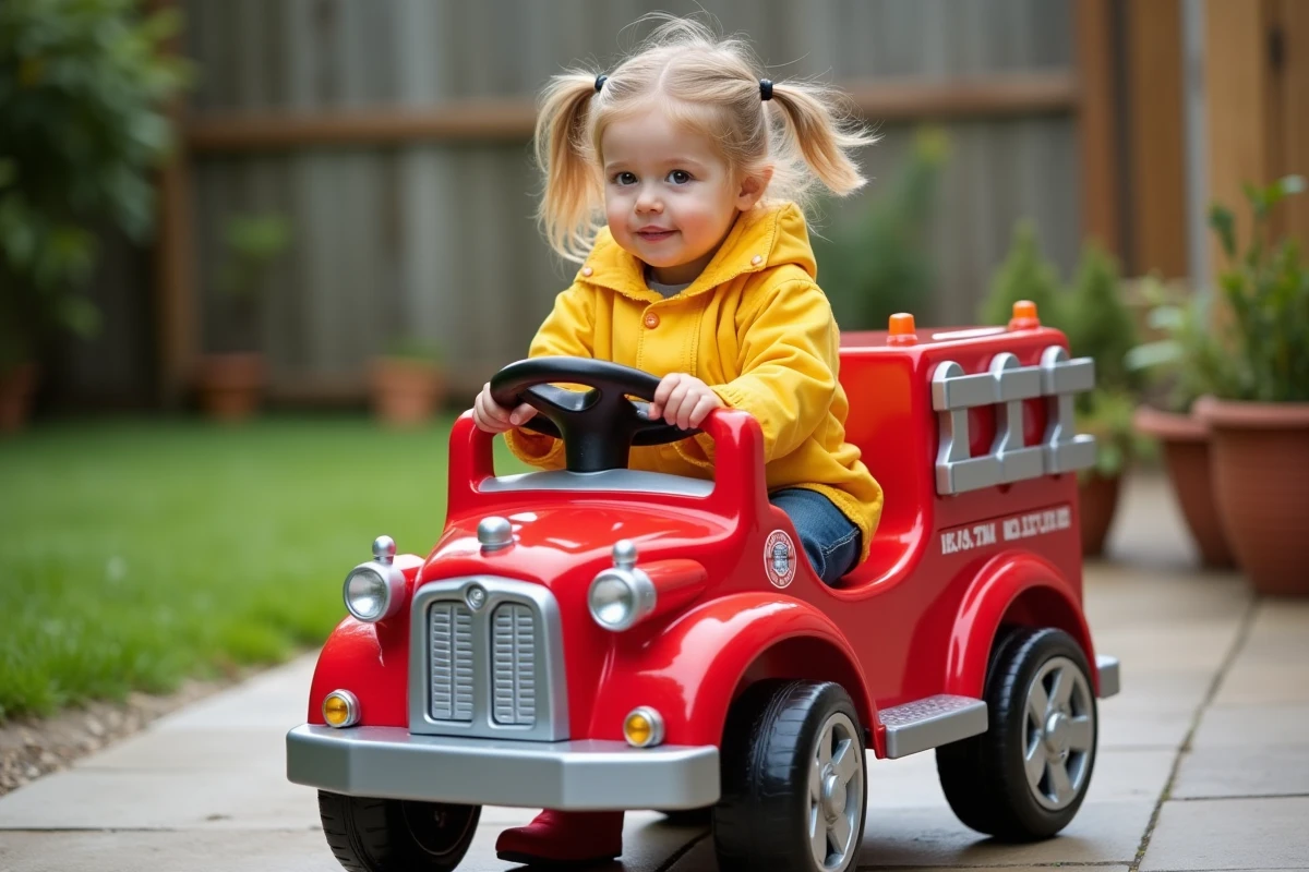 Petite fille en ciré jaune conduisant un grand camion de pompier jouet rouge dans un jardin extérieur