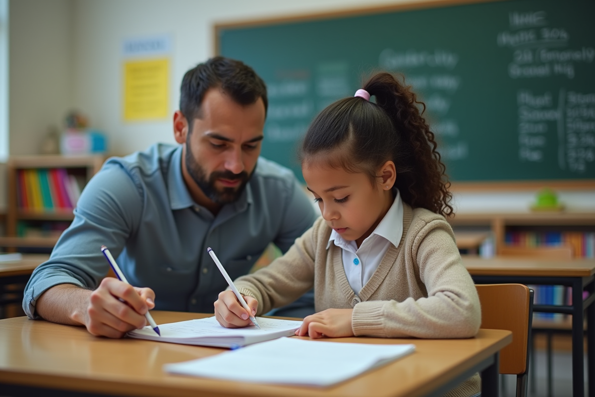 Fille de 12 ans en classe avec son père dans une salle moderne