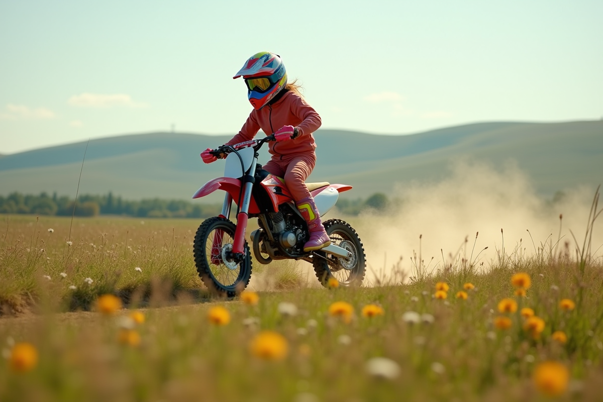 Fille de 14 ans en action sur une moto dans un champ