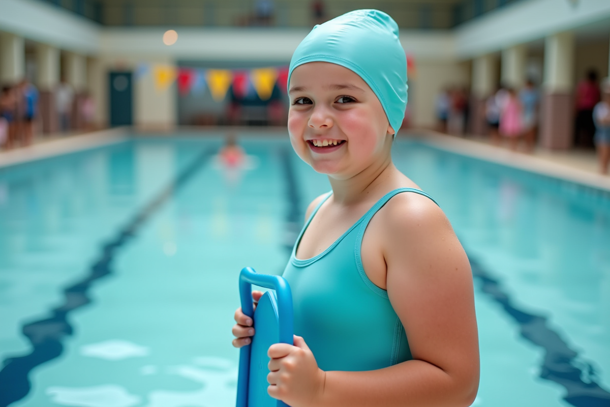 Fille en maillot de bain avec planche de natation au bord de la piscine