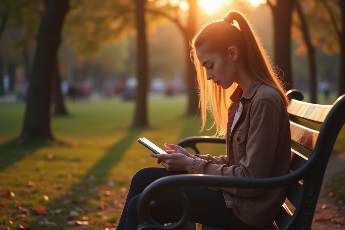 Jeune femme seule sur un banc de parc utilisant son téléphone