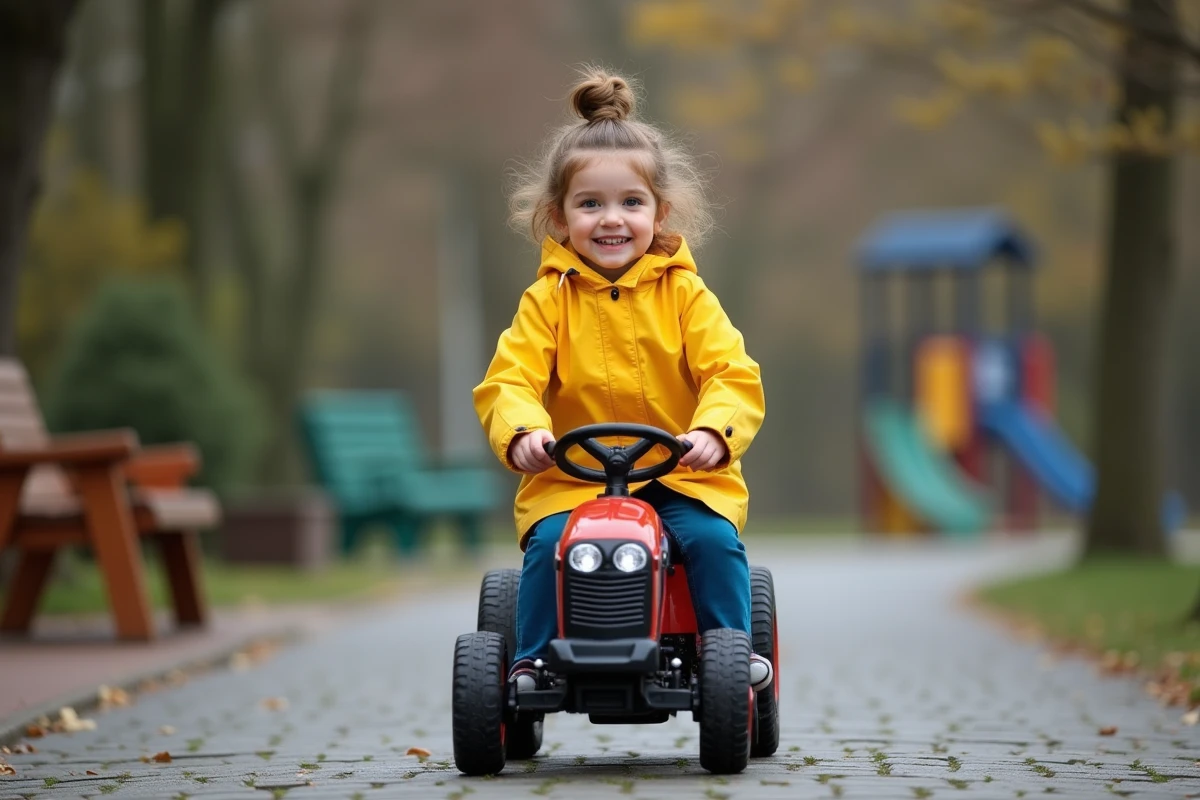 Fille en imperméable guidant un tracteur dans un parc