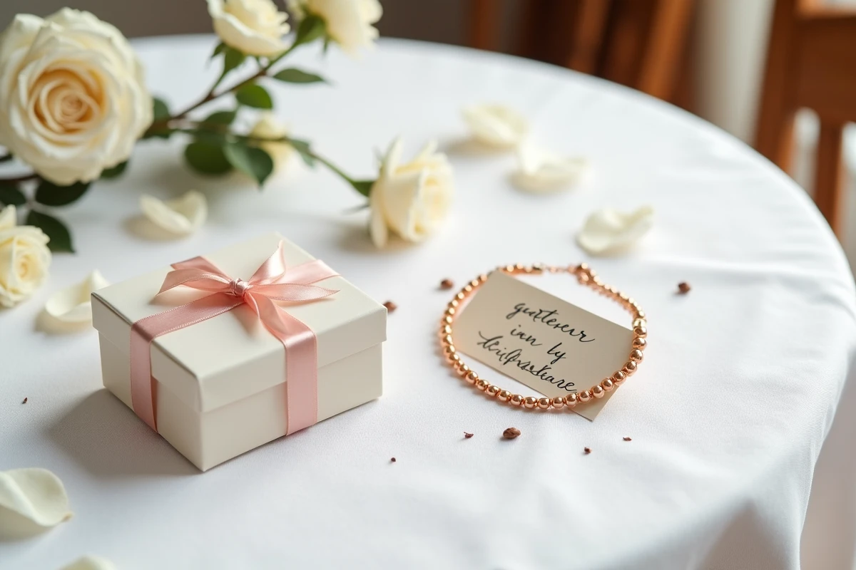 Flat-lay élégant d'un coffret cadeau baptême avec gourmette or rose et ruban satiné sur nappe blanche
