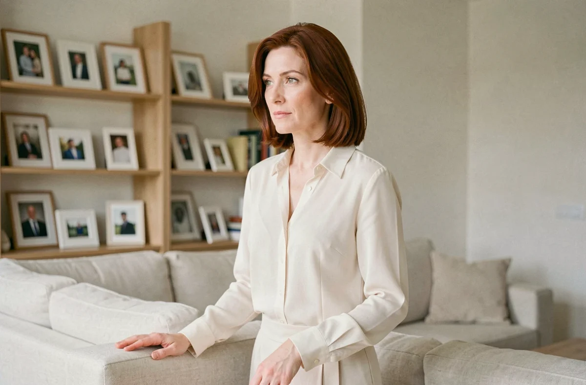 Femme épanouie dans un intérieur moderne et intime, évoquant la vie de couple et la stabilité émotionnelle en 2026