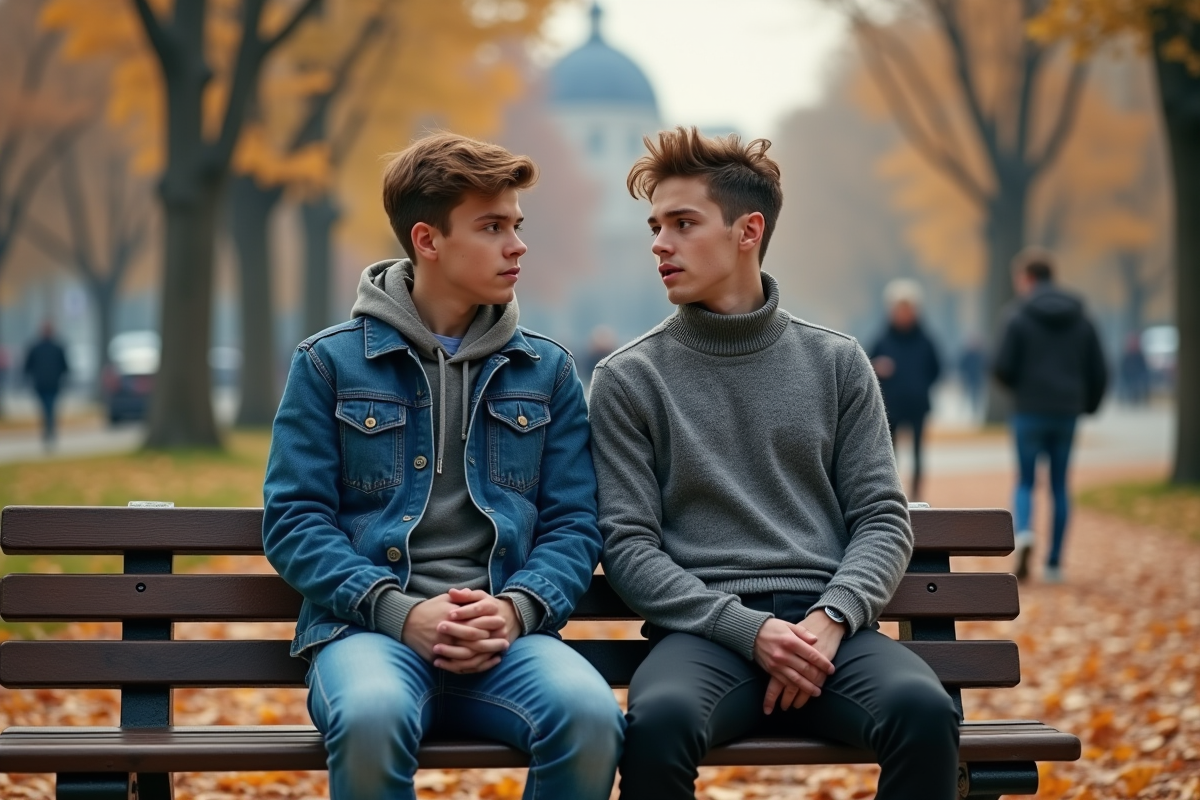 Deux frères discutant sur un banc en automne