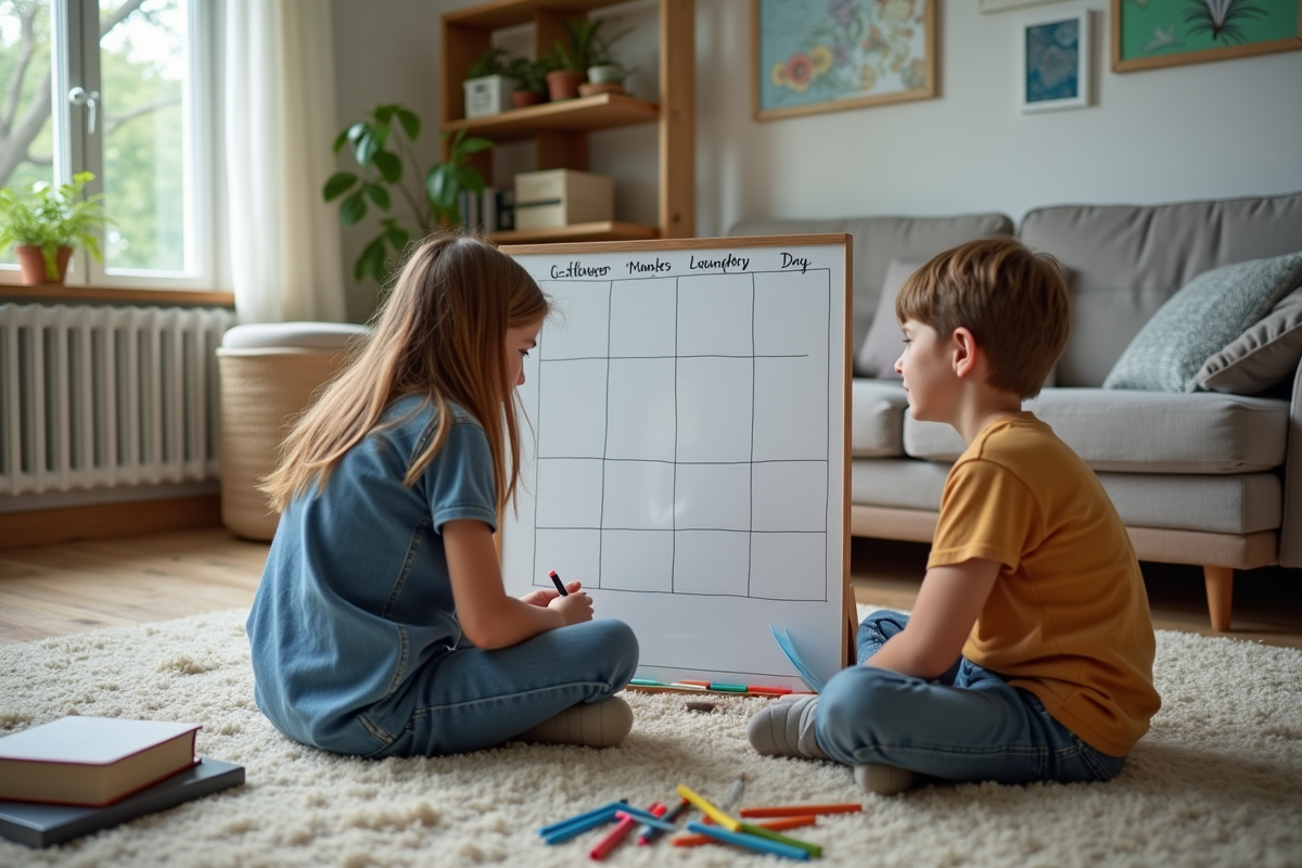 Freres jouant avec un planificateur dans le salon familial