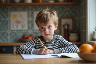 Garçon de 7 ans concentré à étudier à la maison