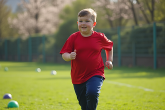 Garçon en jogging sur un terrain vert en extérieur