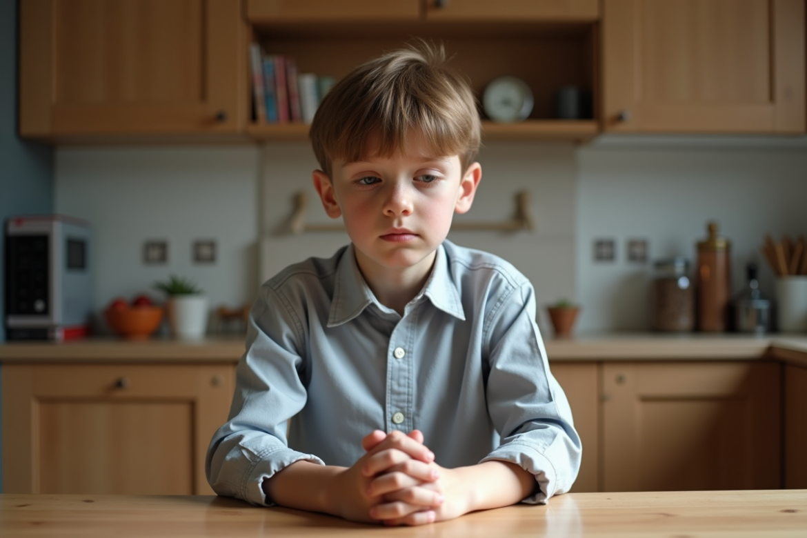 Garçon d'école primaire assis à une table de cuisine