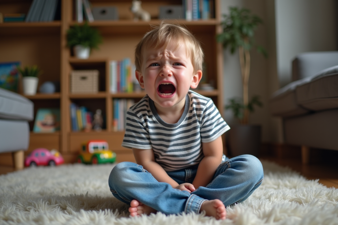 Garçon de 5 ans pleurant dans le salon familial