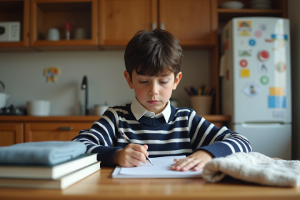 Garçon de 10 ans en sweater à rayures à la cuisine